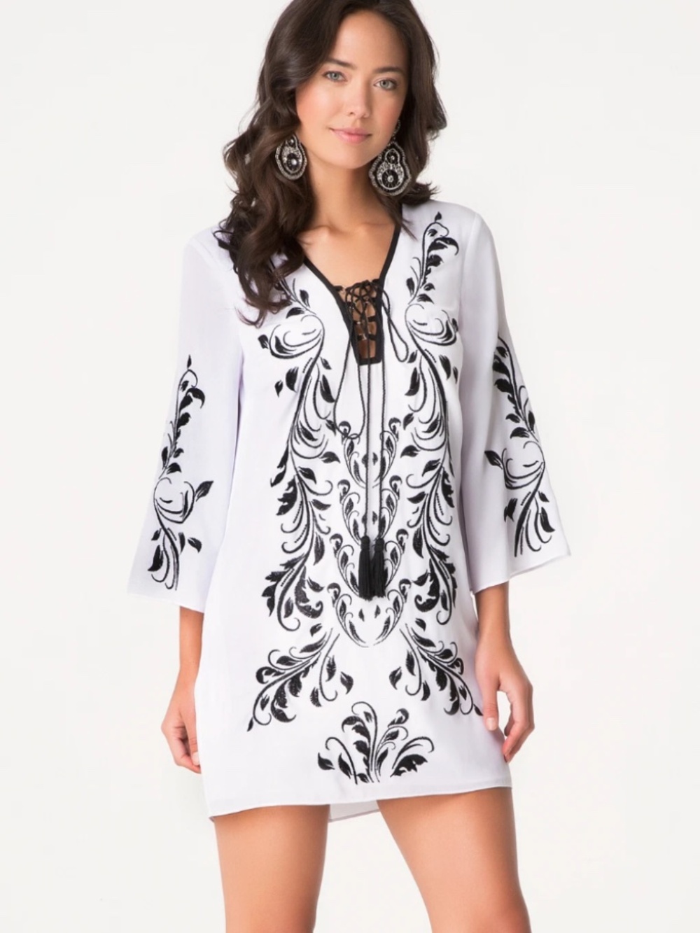 New Bebe white black lace up kimono sleeve floral print tunic top dress S Small - Picture 2 of 5
